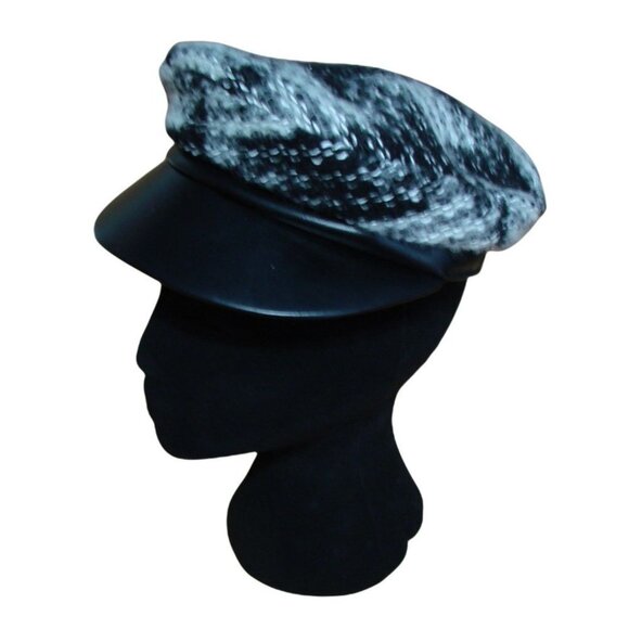 Tarnish Boucle Newsboy Cap Wool and Leather Black White Plaid Made In Italy OSFA main image 5